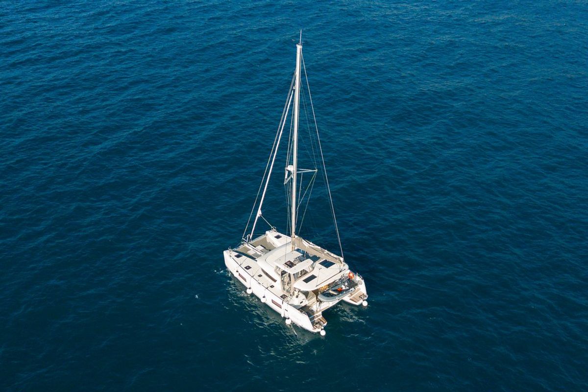 Exterior view of Veryta, a Lagoon 42 catamaran at Olbia, Italy