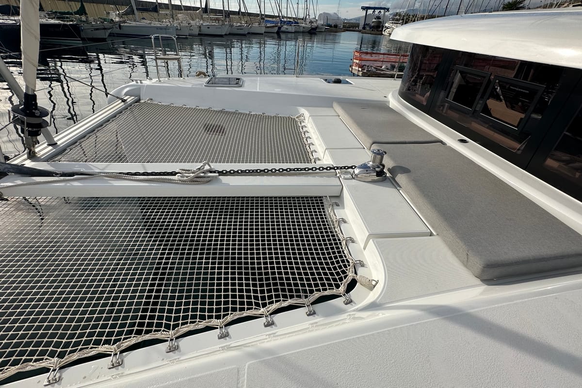 Deck of Veryta, a Lagoon 42 catamaran at Olbia, Italy