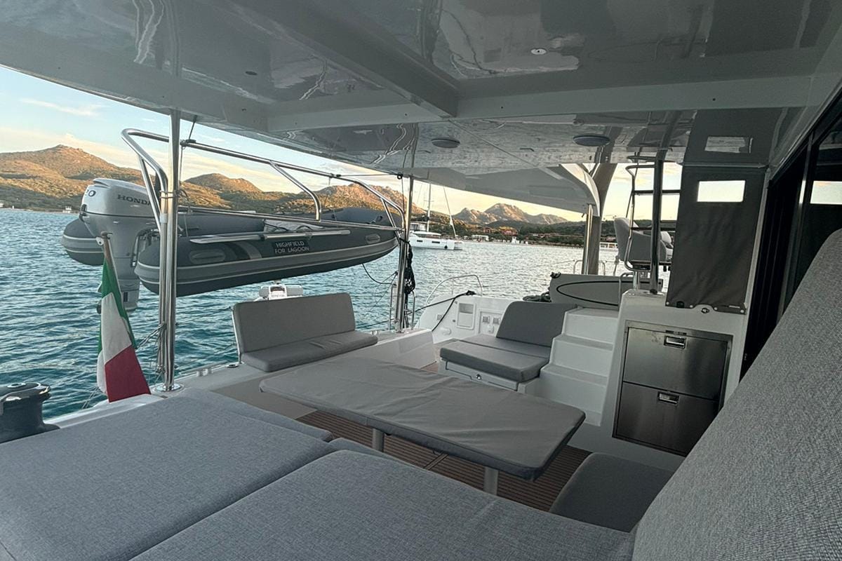 Deck of Veryta, a Lagoon 42 catamaran at Olbia, Italy