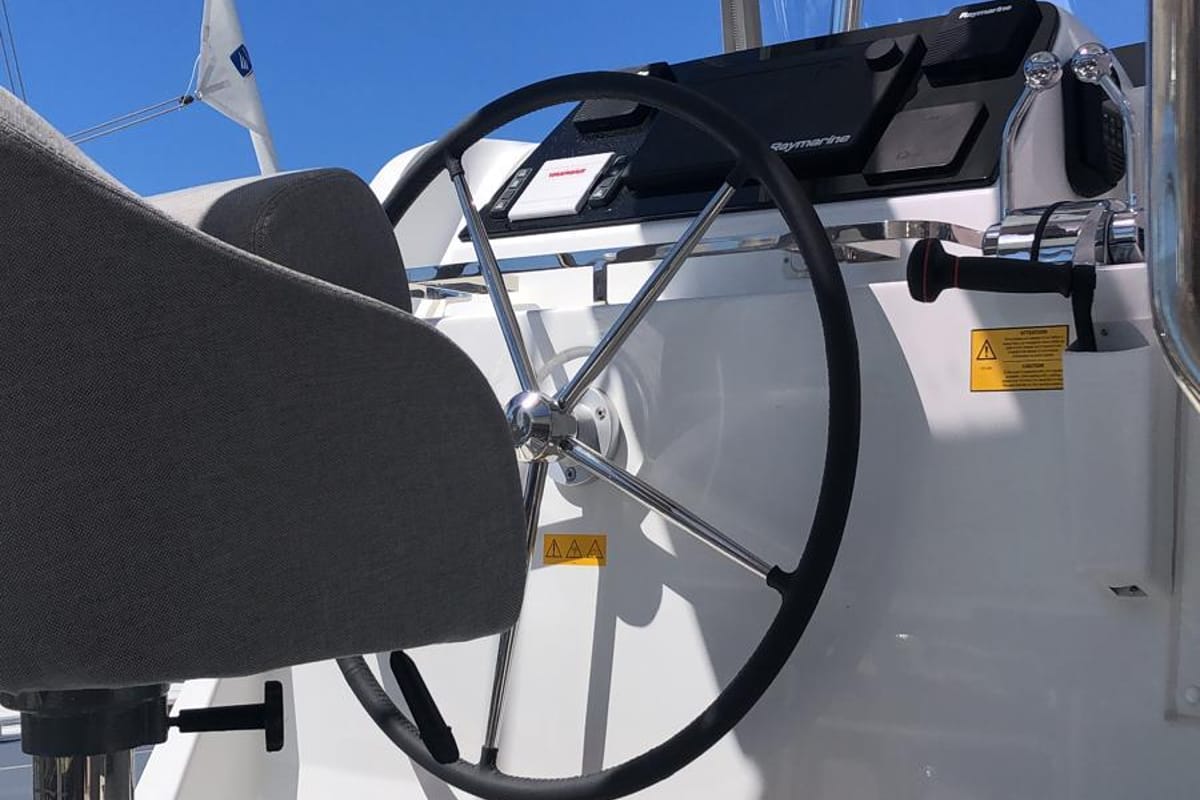 Cockpit of Veryta, a Lagoon 42 catamaran at Olbia, Italy