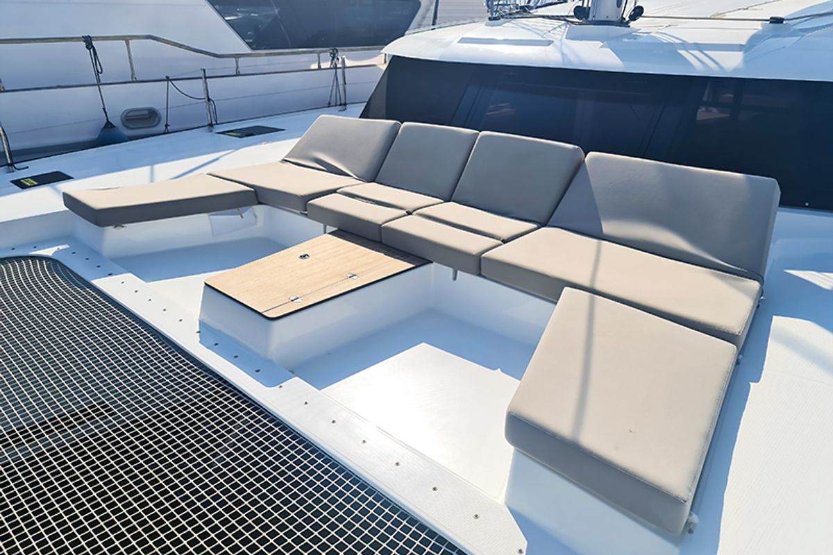Deck of Breezer, a Fountaine Pajot Aura 51 catamaran at Agios Stefanos, Greece