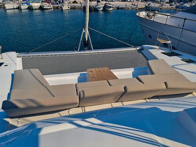 Deck of Breezer, a Fountaine Pajot Aura 51 catamaran at Agios Stefanos, Greece