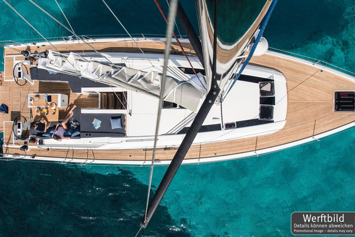 Exterior view of Aquaris, a Beneteau Oceanis 51.1 sailboat at Palma de Mallorca, Spain