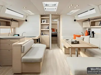 Salon of Aquaris, a Beneteau Oceanis 51.1 sailboat at Palma de Mallorca, Spain