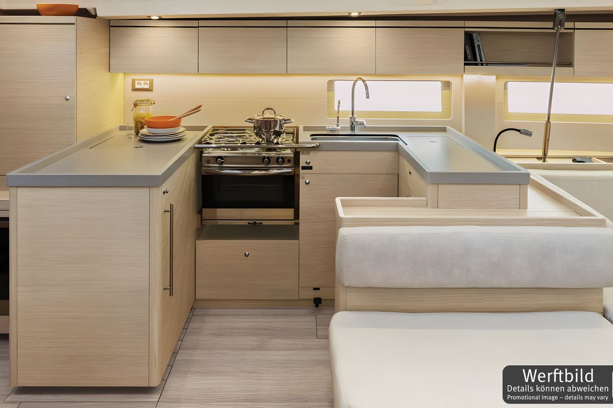Galley of Aquaris, a Beneteau Oceanis 51.1 sailboat at Palma de Mallorca, Spain