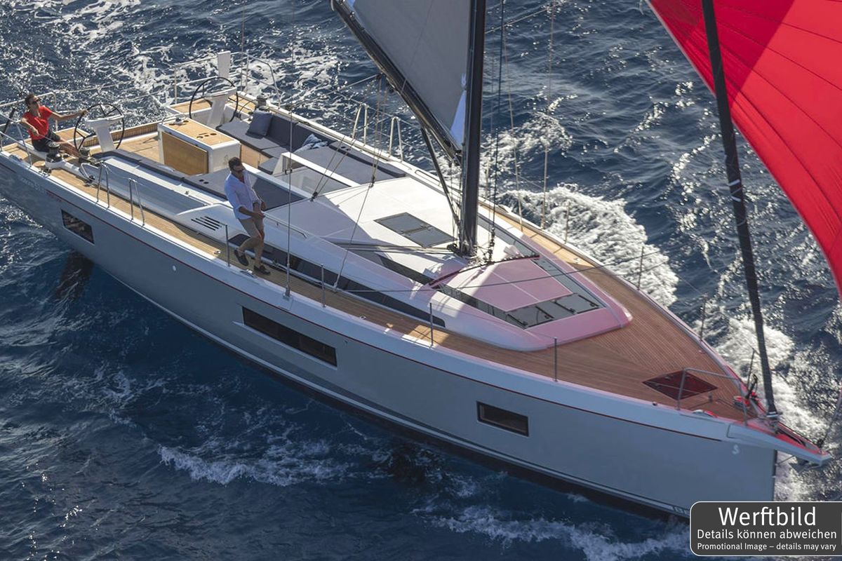 Exterior view of Aquaris, a Beneteau Oceanis 51.1 sailboat at Palma de Mallorca, Spain
