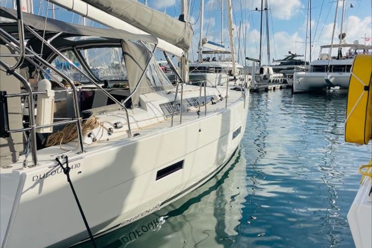 Exterior view of Penelope, a Dufour 430 sailboat at Road Town, British Virgin Islands