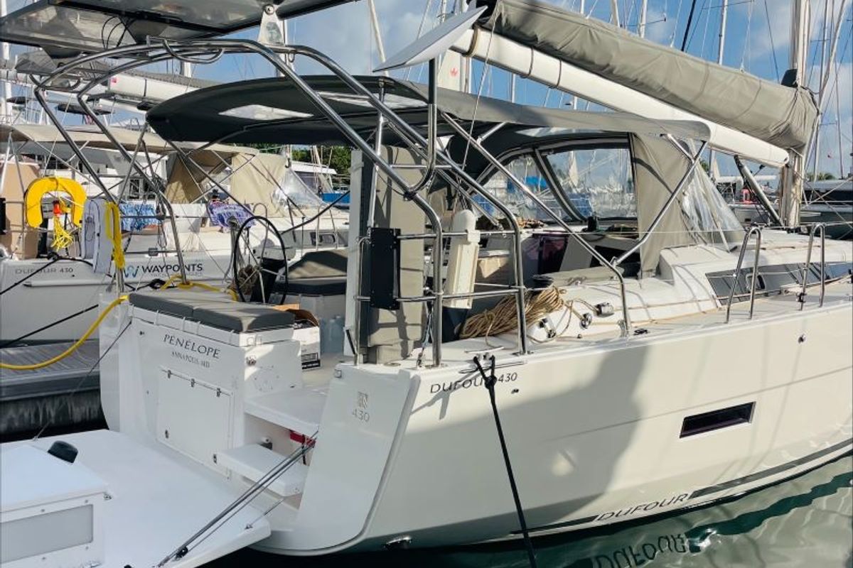 Exterior view of Penelope, a Dufour 430 sailboat at Road Town, British Virgin Islands