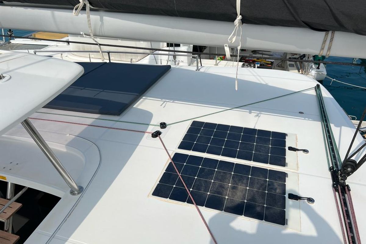 Deck of Sissi, a Lagoon 42 catamaran at Capo d'Orlando, Italy
