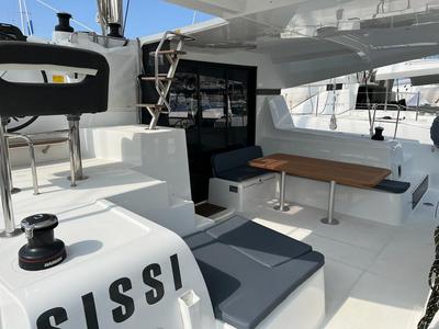 Cockpit of Sissi, a Lagoon 42 catamaran at Capo d'Orlando, Italy