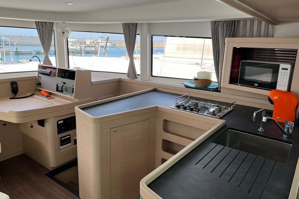 Galley of Sissi, a Lagoon 42 catamaran at Capo d'Orlando, Italy