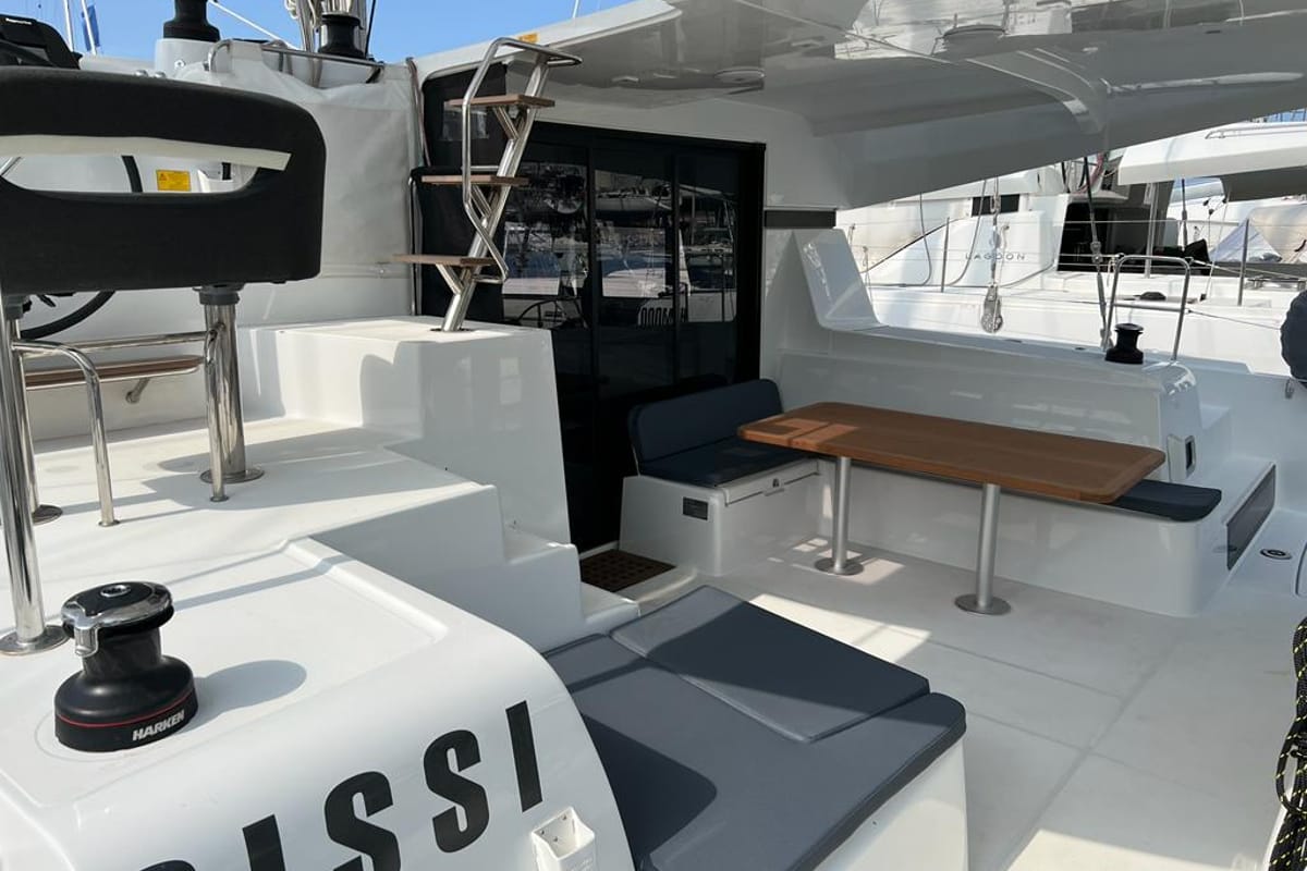 Deck of Sissi, a Lagoon 42 catamaran at Capo d'Orlando, Italy