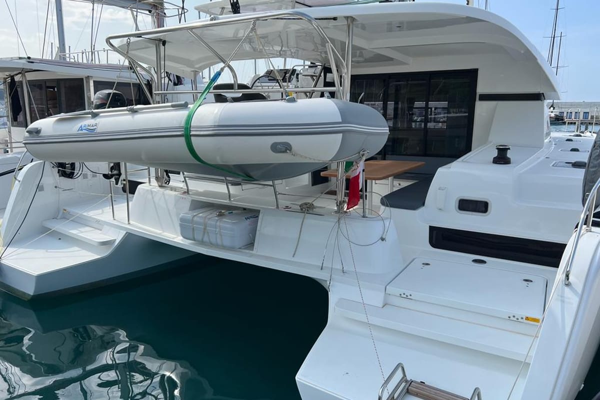 Exterior view of Sissi, a Lagoon 42 catamaran at Capo d'Orlando, Italy