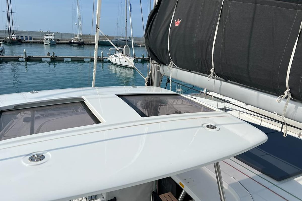 Deck of Sissi, a Lagoon 42 catamaran at Capo d'Orlando, Italy