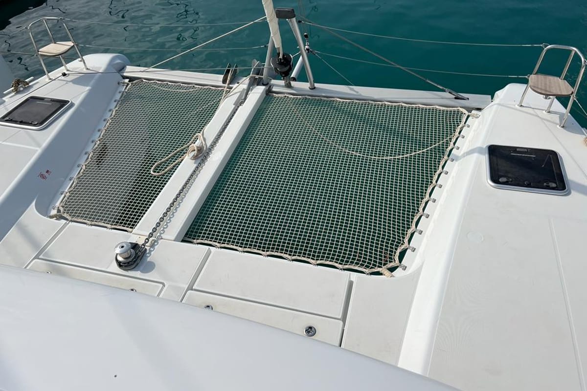 Deck of Sissi, a Lagoon 42 catamaran at Capo d'Orlando, Italy