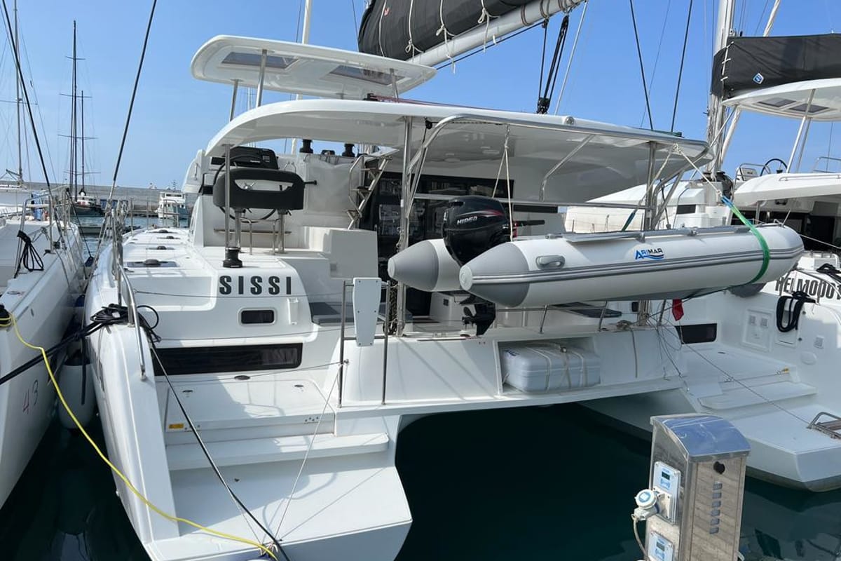 Exterior view of Sissi, a Lagoon 42 catamaran at Capo d'Orlando, Italy