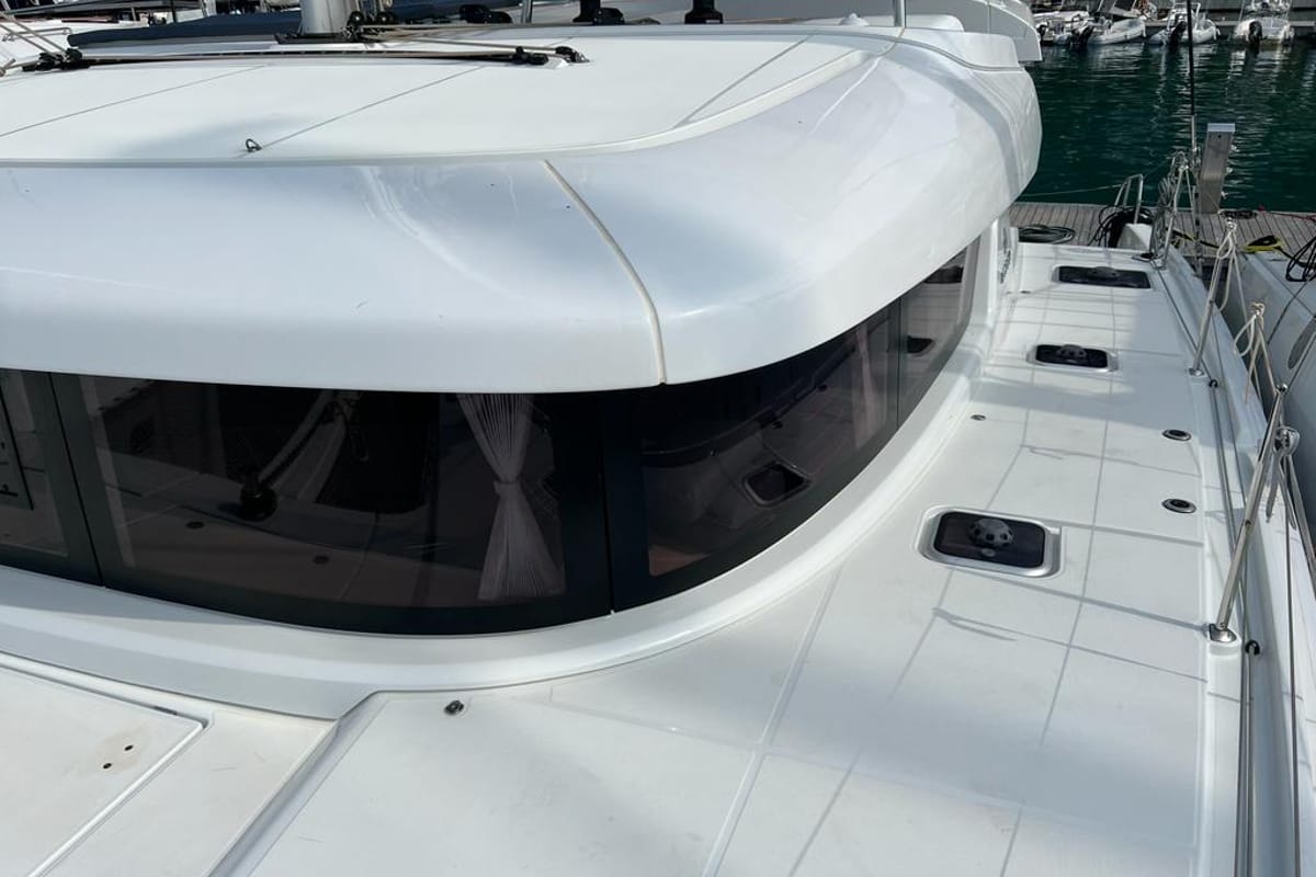 Exterior view of Sissi, a Lagoon 42 catamaran at Capo d'Orlando, Italy
