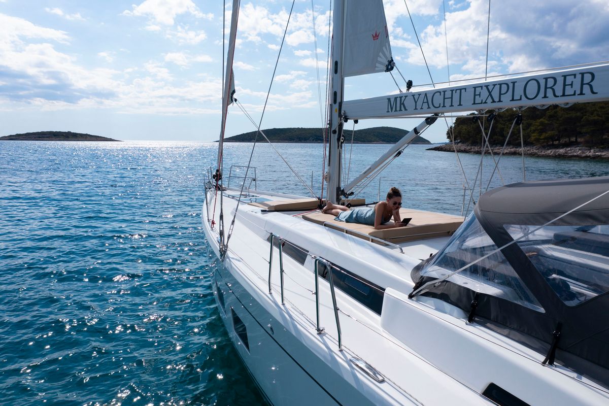 Exterior view of Mila Felice, a Hanse Yachts Hanse 548 sailboat at Seget Donji, Croatia
