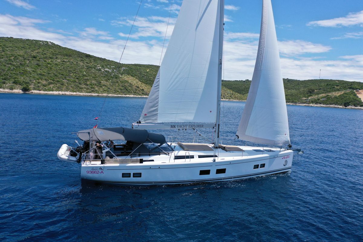 Exterior view of Mila Felice, a Hanse Yachts Hanse 548 sailboat at Seget Donji, Croatia