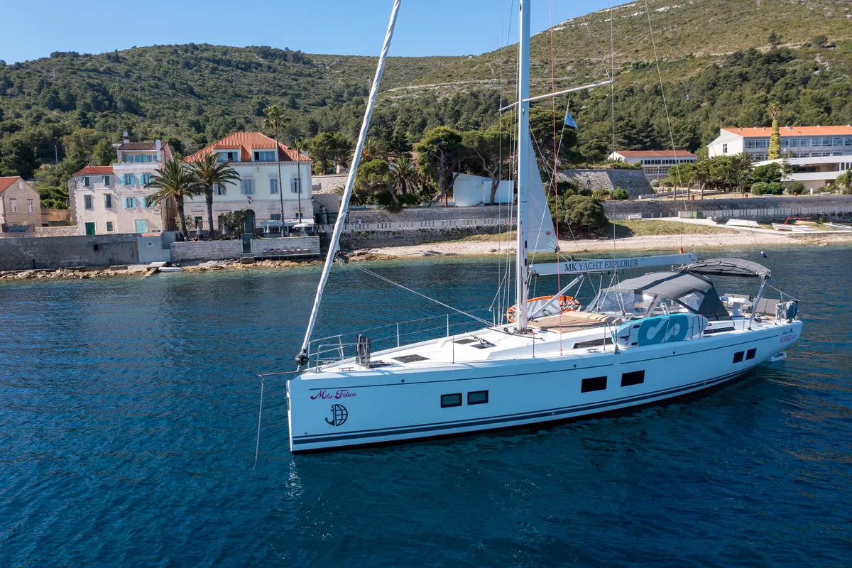 Exterior view of Mila Felice, a Hanse Yachts Hanse 548 sailboat at Seget Donji, Croatia