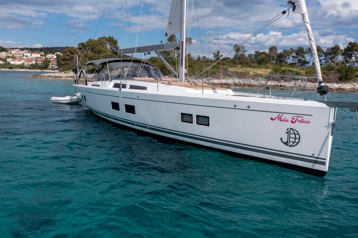 Exterior view of Mila Felice, a Hanse Yachts Hanse 548 sailboat at Seget Donji, Croatia