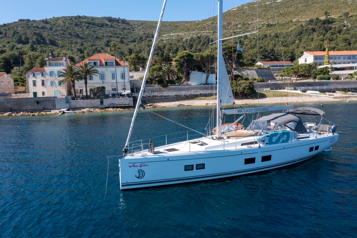 Exterior view of Mila Felice, a Hanse Yachts Hanse 548 sailboat at Seget Donji, Croatia