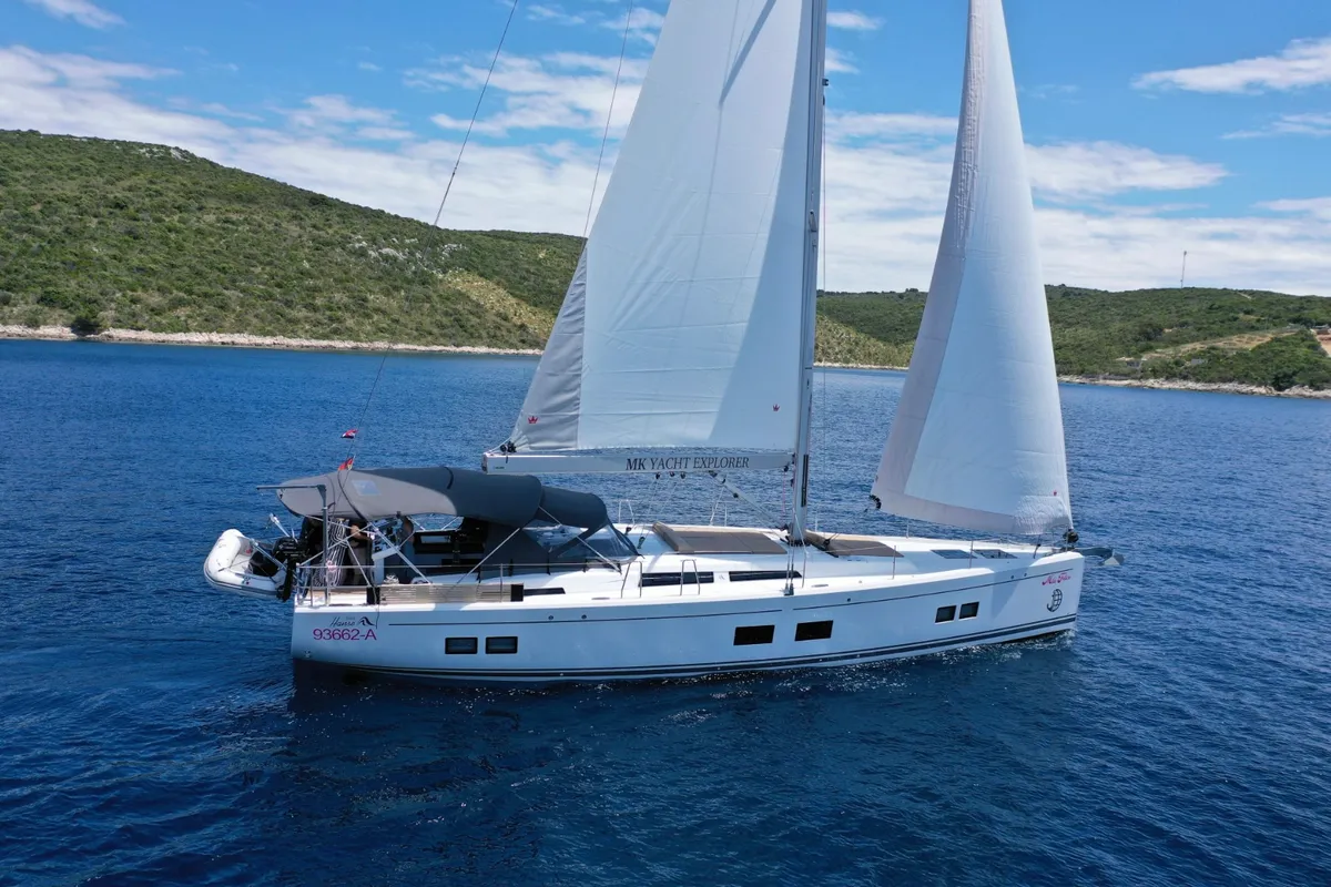 Exterior view of Mila Felice, a Hanse Yachts Hanse 548 sailboat at Seget Donji, Croatia