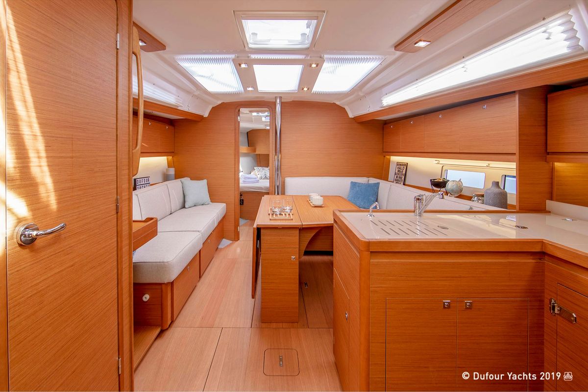Salon of Orsalia, a Dufour 390 Grand Large sailboat at Gouvia, Greece