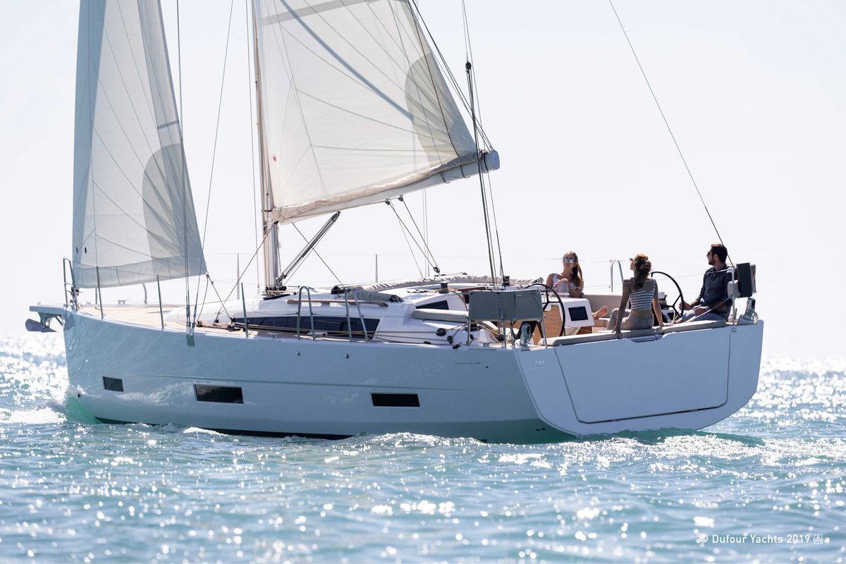Exterior view of Orsalia, a Dufour 390 Grand Large sailboat at Gouvia, Greece