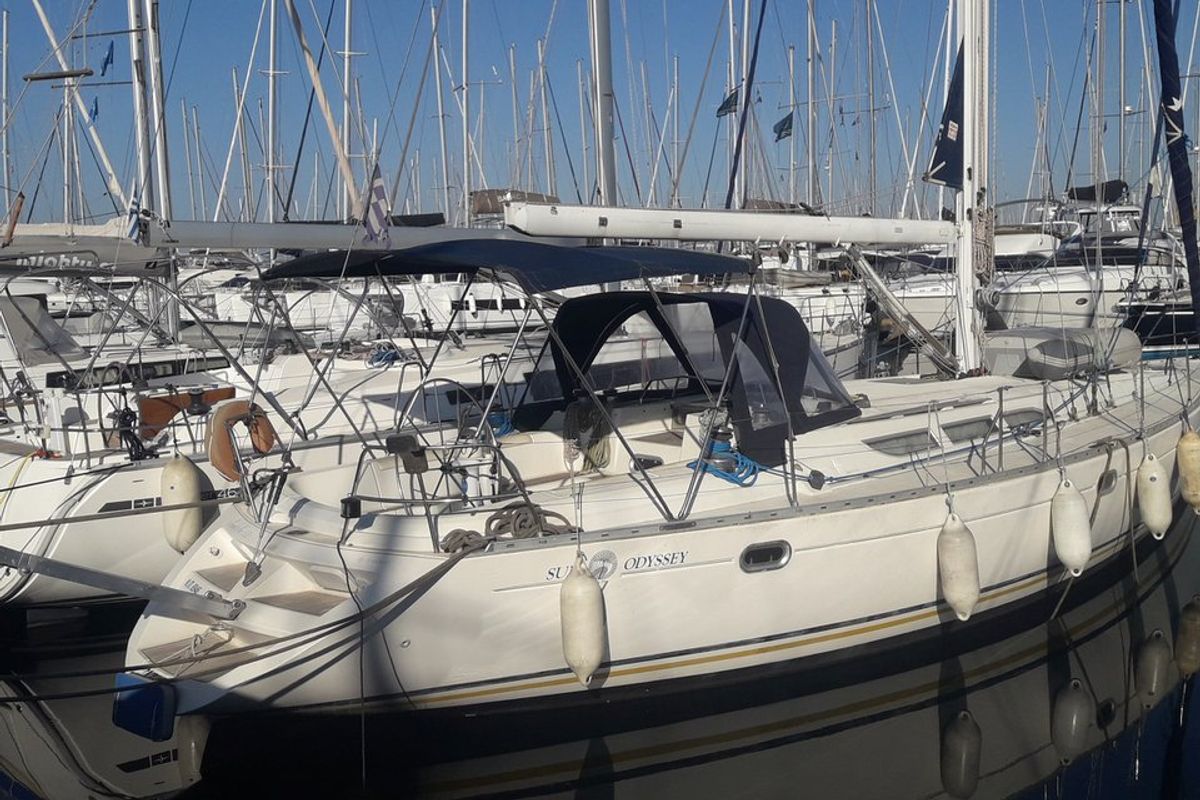 Exterior view of Sweet Sue II, a Jeanneau Sun Odyssey 47 sailboat at Athens, Greece