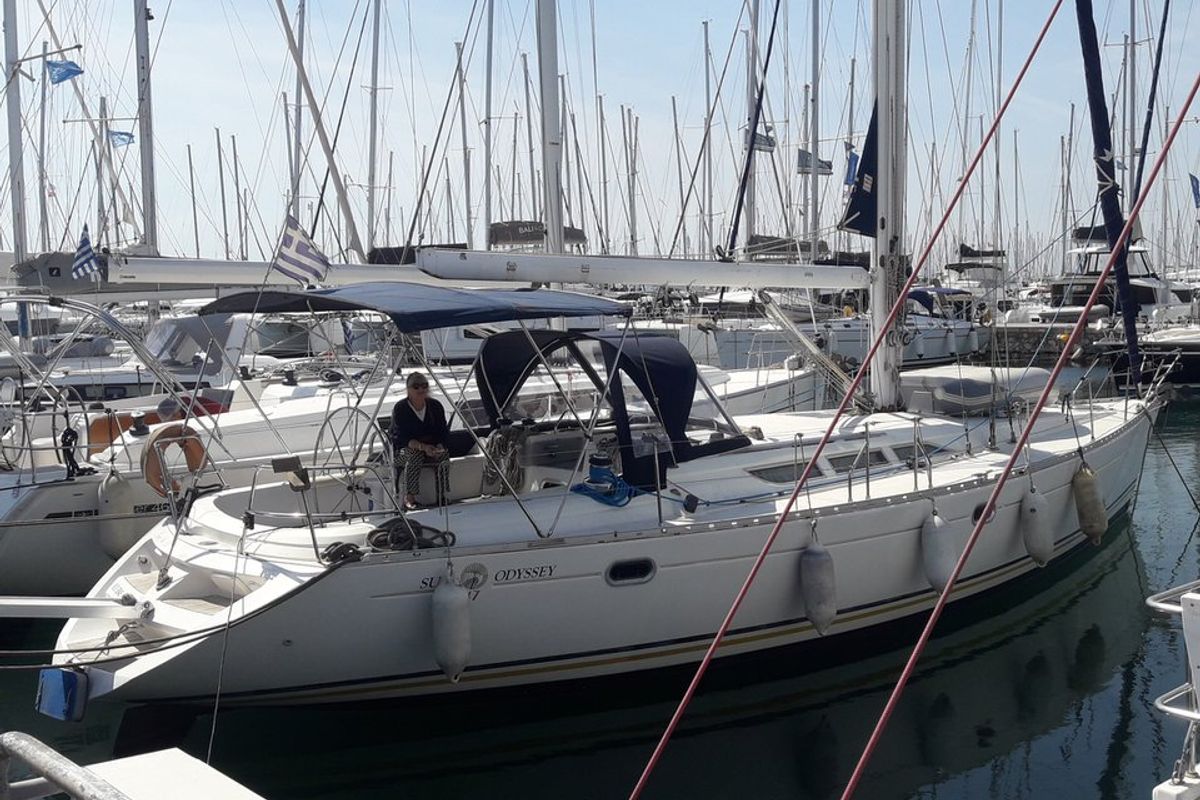 Exterior view of Sweet Sue II, a Jeanneau Sun Odyssey 47 sailboat at Athens, Greece