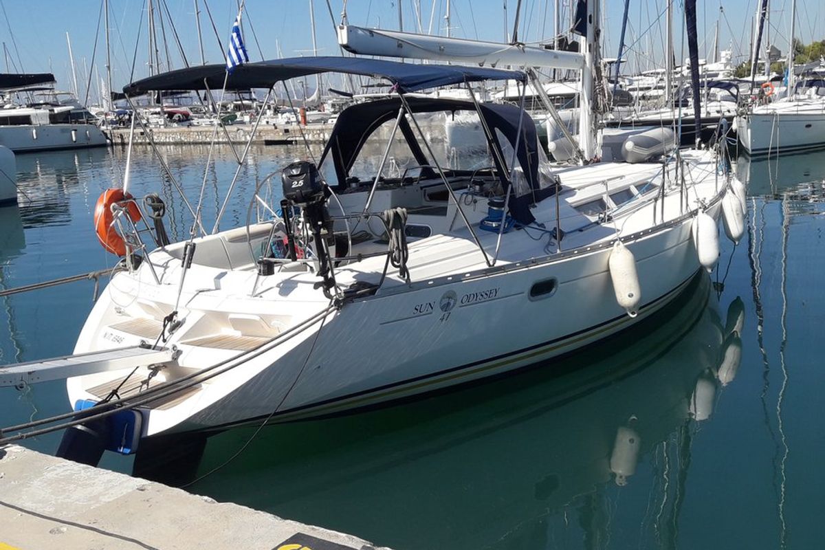 Exterior view of Sweet Sue II, a Jeanneau Sun Odyssey 47 sailboat at Athens, Greece