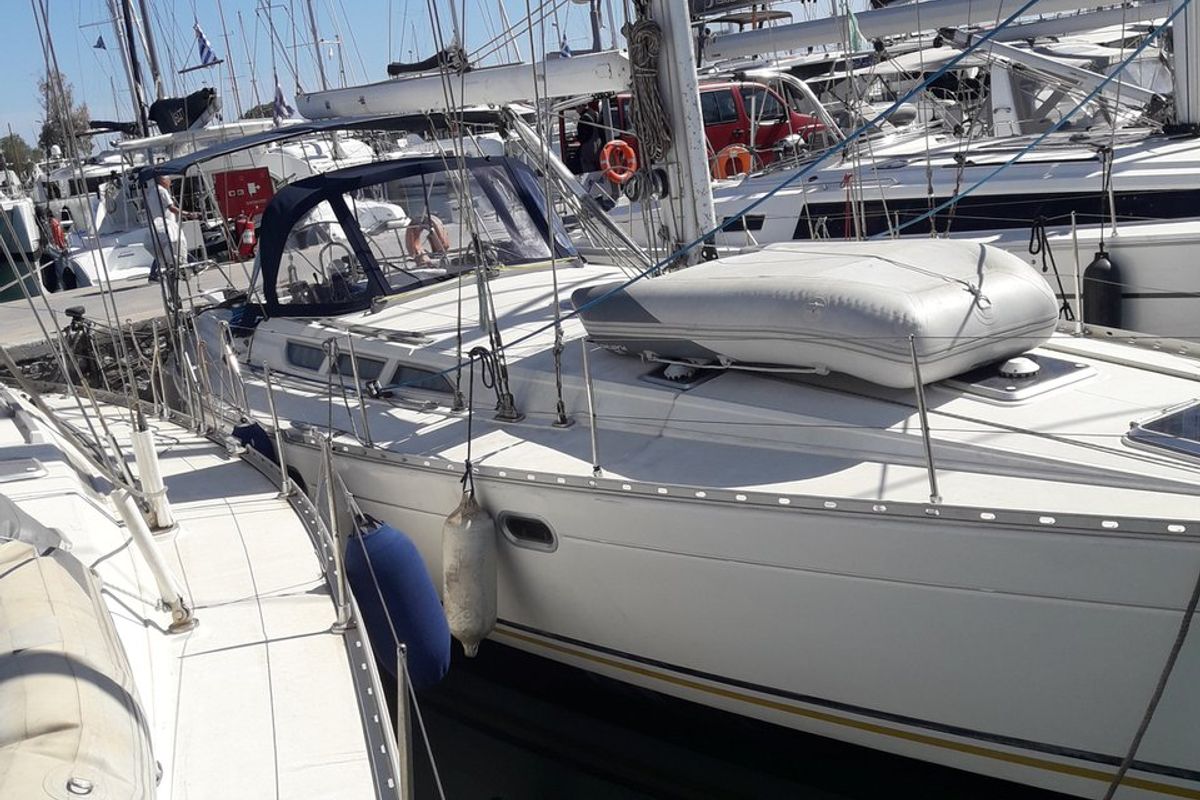 Exterior view of Sweet Sue II, a Jeanneau Sun Odyssey 47 sailboat at Athens, Greece