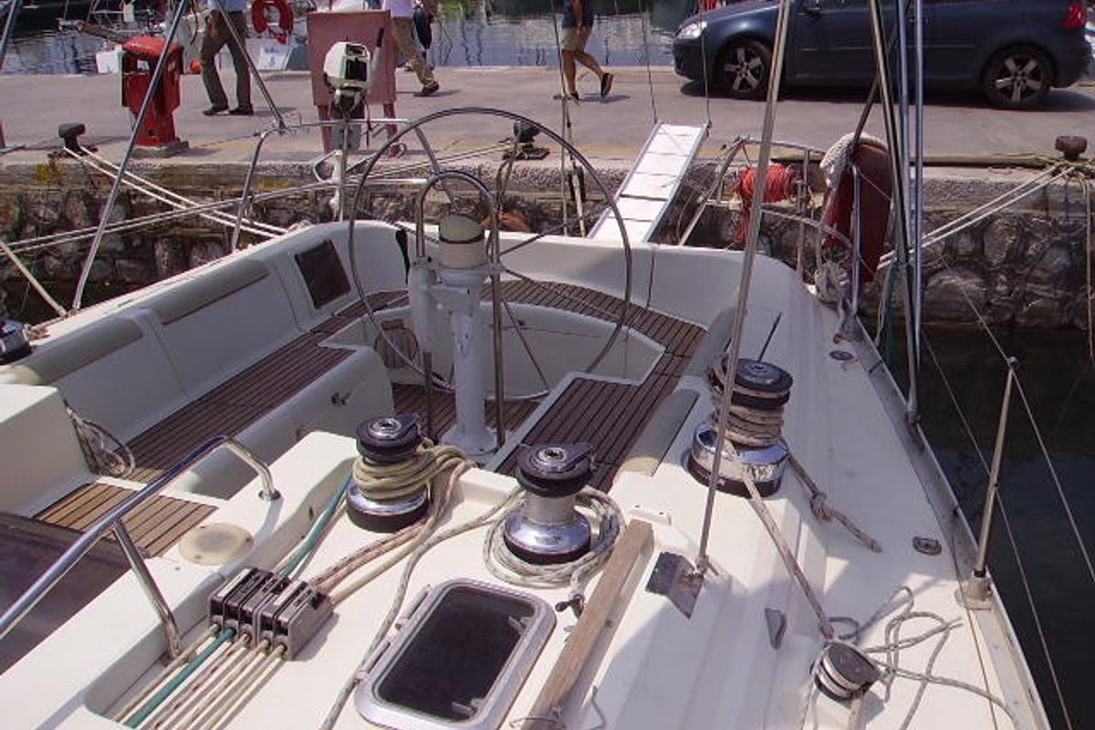 Cockpit of Sweet Sue II, a Jeanneau Sun Odyssey 47 sailboat at Athens, Greece
