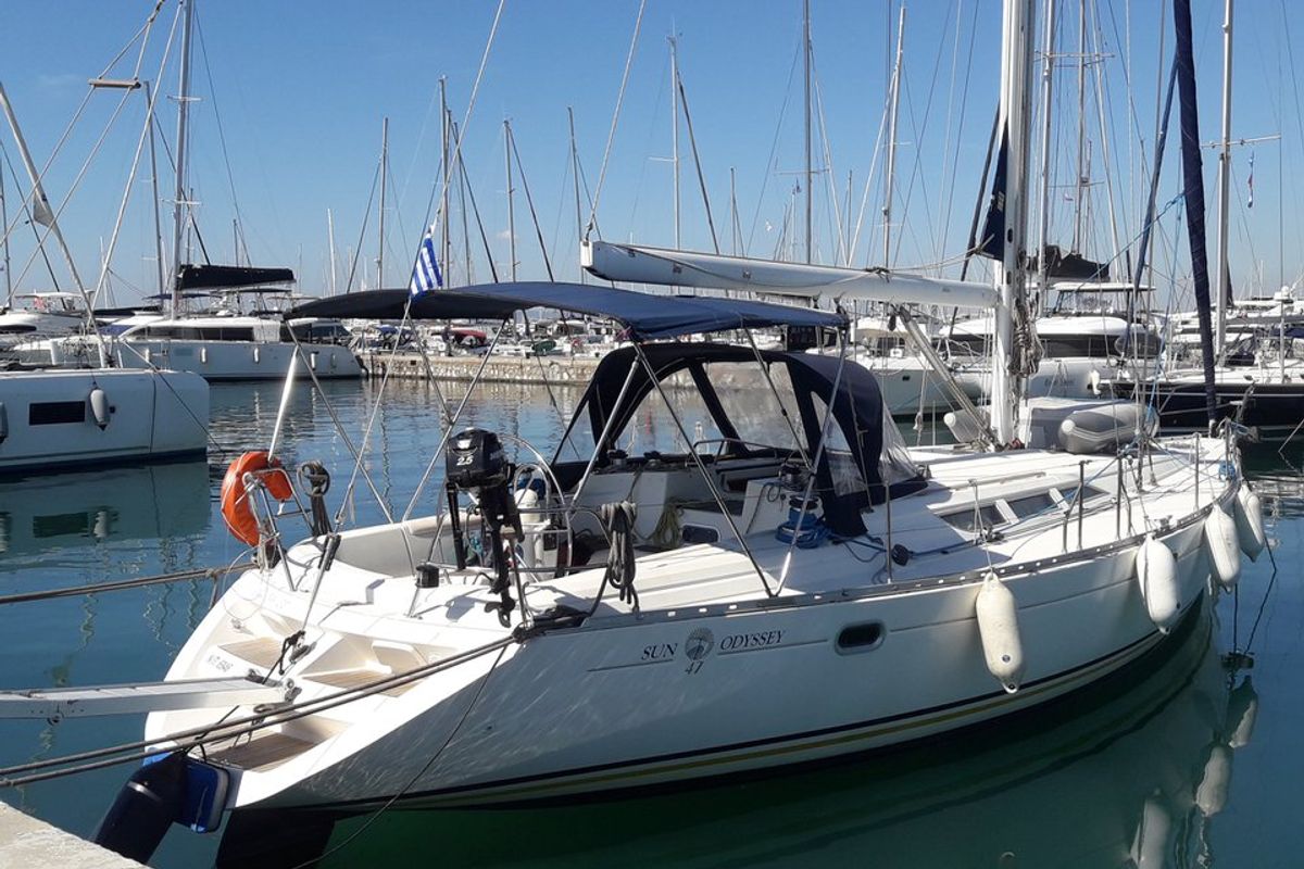 Exterior view of Sweet Sue II, a Jeanneau Sun Odyssey 47 sailboat at Athens, Greece
