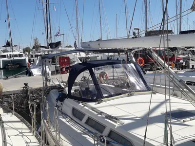 Deck of Sweet Sue II, a Jeanneau Sun Odyssey 47 sailboat at Athens, Greece