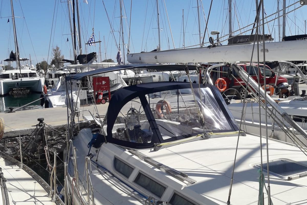 Deck of Sweet Sue II, a Jeanneau Sun Odyssey 47 sailboat at Athens, Greece