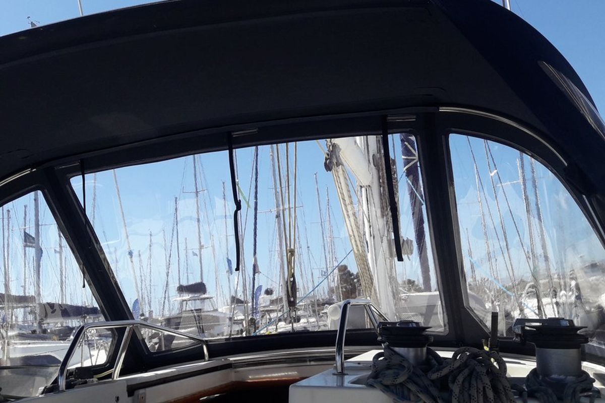 Cockpit of Sweet Sue II, a Jeanneau Sun Odyssey 47 sailboat at Athens, Greece
