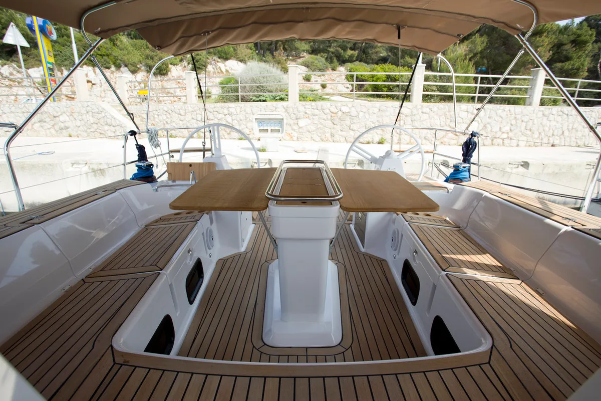 Deck of Vuschi, a Elan Impression 50 sailboat at Punat, Croatia