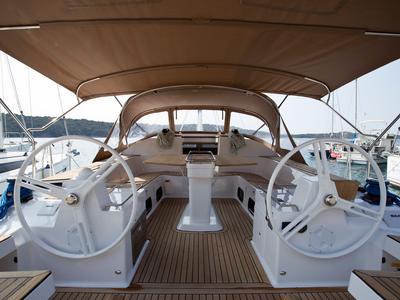 Cockpit of Vuschi, a Elan Impression 50 sailboat at Punat, Croatia