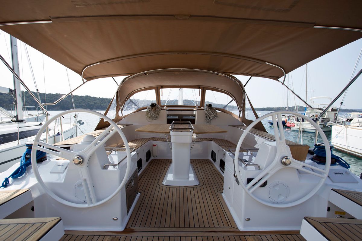 Cockpit of Vuschi, a Elan Impression 50 sailboat at Punat, Croatia