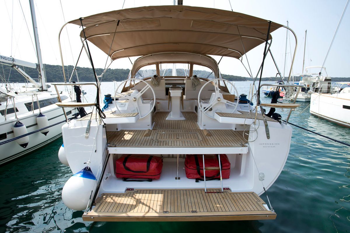 Deck of Vuschi, a Elan Impression 50 sailboat at Punat, Croatia