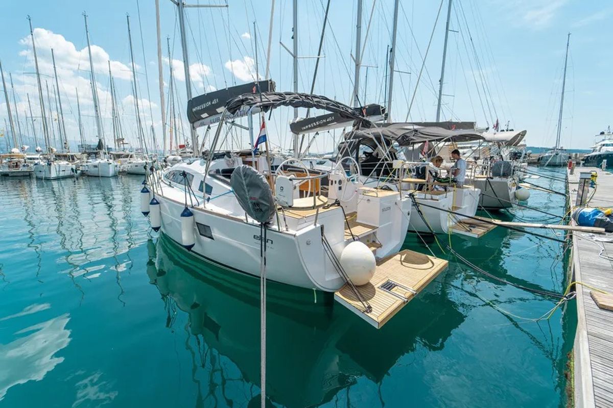 Exterior view of Soleos, a Elan Impression 45.1 sailboat at Grad Šibenik, Croatia