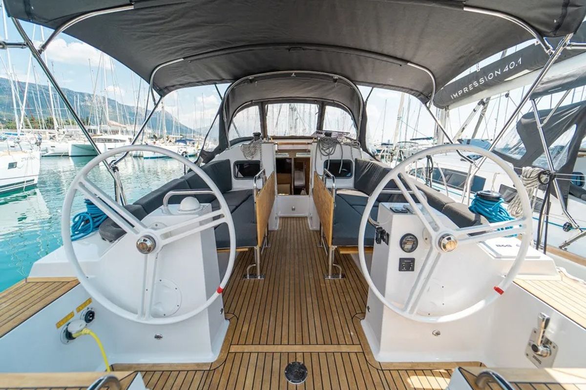 Cockpit of Soleos, a Elan Impression 45.1 sailboat at Grad Šibenik, Croatia