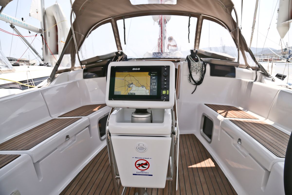 Cockpit of Pasithea, a Jeanneau Sun Odyssey 439 sailboat at Volos Municipality, Greece