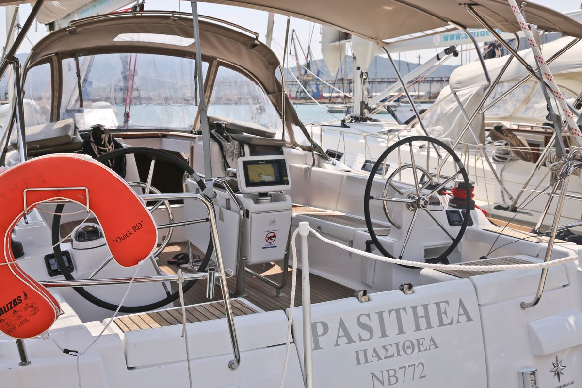 Cockpit of Pasithea, a Jeanneau Sun Odyssey 439 sailboat at Volos Municipality, Greece