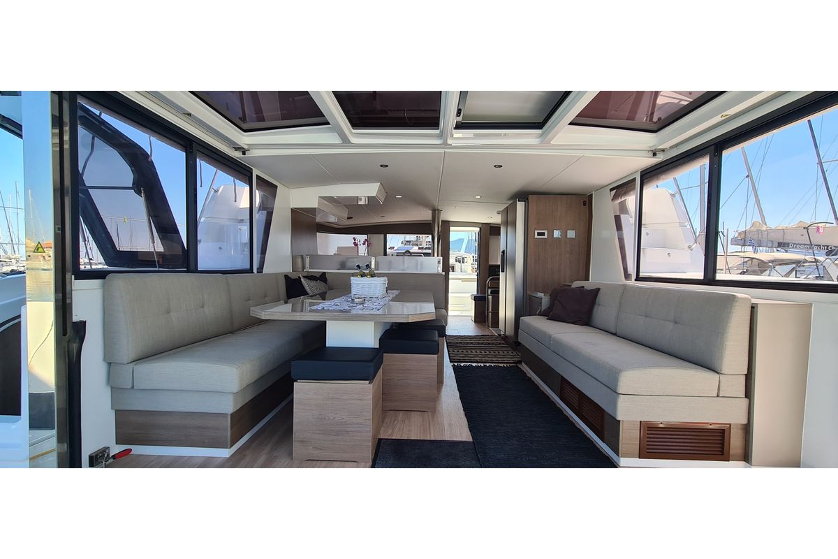 Salon of Ammos V, a Bali 4.6 catamaran at Lavreotiki Municipal Unit, Greece
