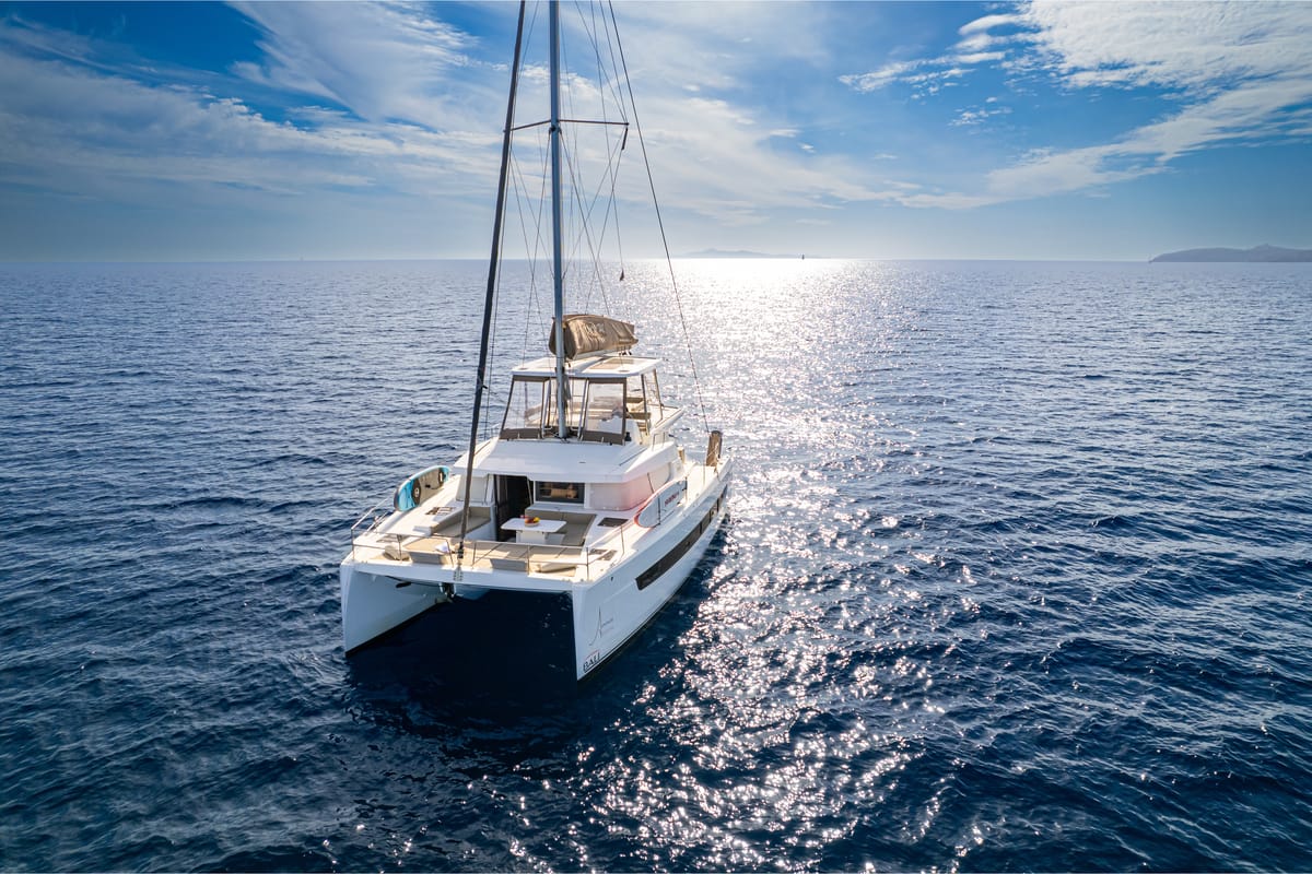 Exterior view of Ammos V, a Bali 4.6 catamaran at Lavreotiki Municipal Unit, Greece