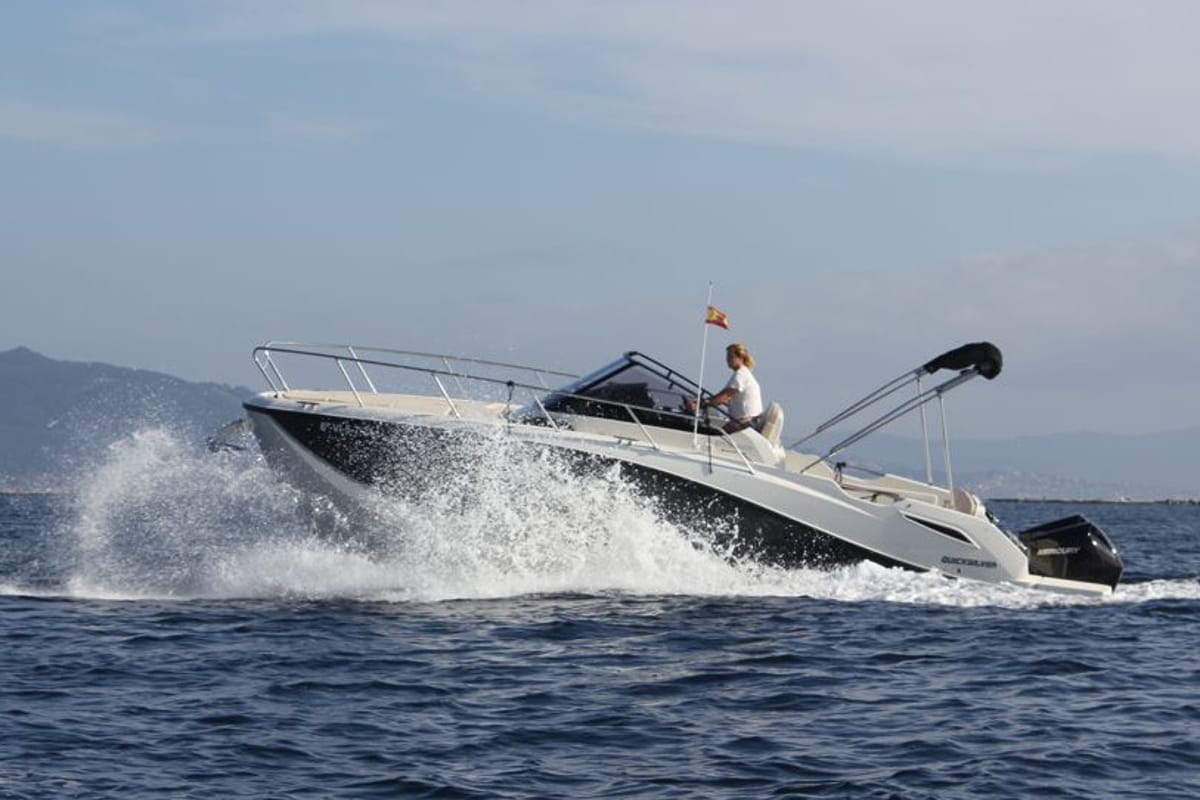 Exterior view of Nuvola, a Quicksilver Activ 875 Sundeck motorboat at Vigo, Spain