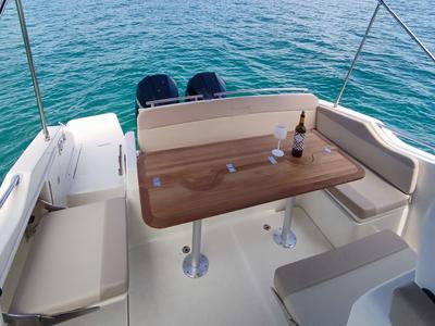 Deck of Nuvola, a Quicksilver Activ 875 Sundeck motorboat at Vigo, Spain